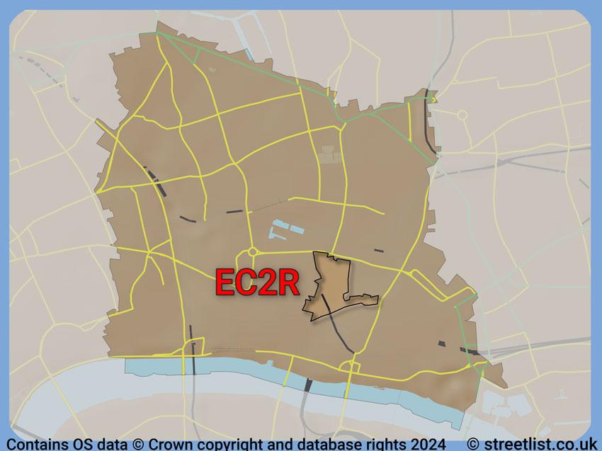 Where the EC2R postcode district lies within the wider  postcode area