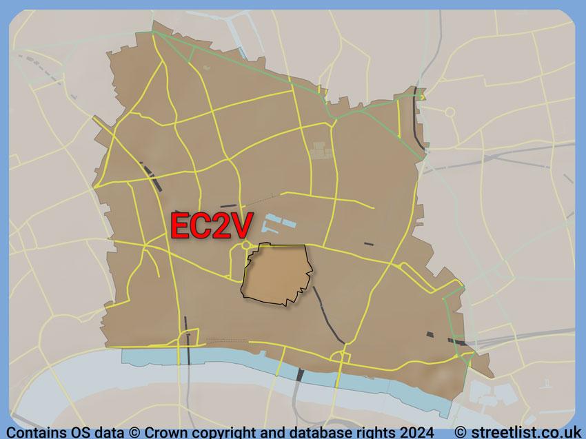 Where the EC2V postcode district lies within the wider  postcode area