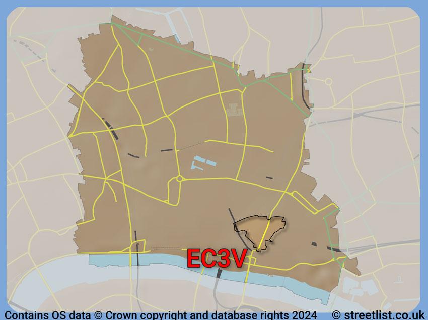 Where the EC3V postcode district lies within the wider  postcode area