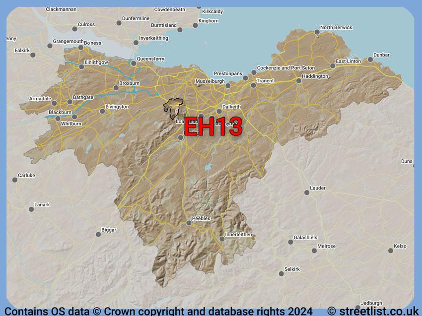 Where the EH13 postcode district lies within the wider  postcode area