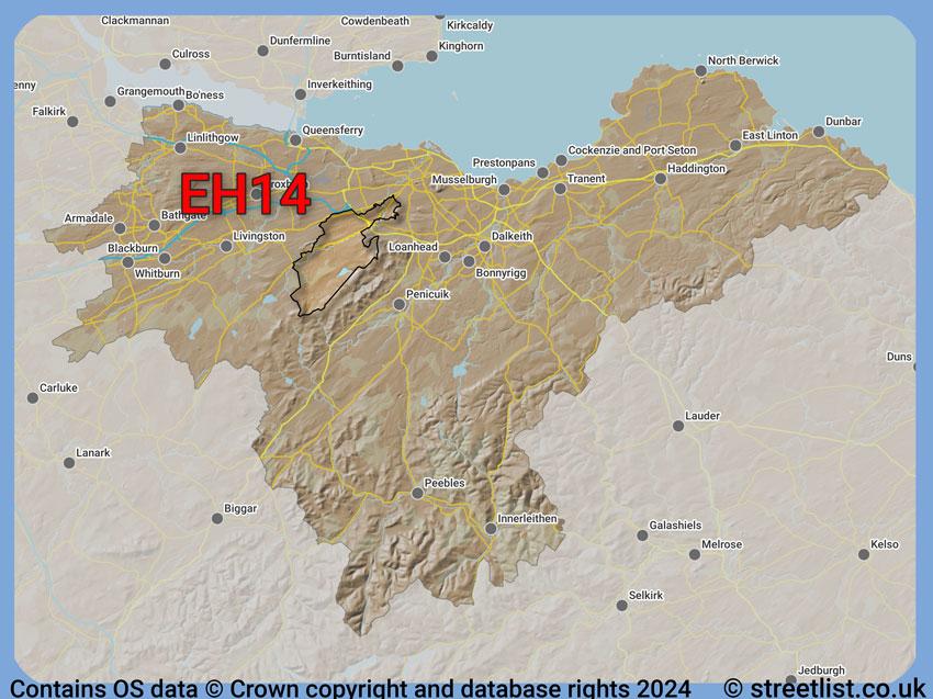 Where the EH14 postcode district lies within the wider  postcode area