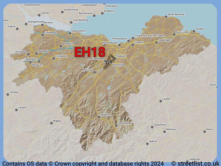 Where the EH18 postcode district lies within the wider  postcode area