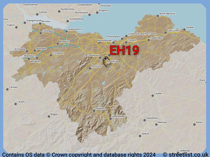 Where the EH19 postcode district lies within the wider  postcode area