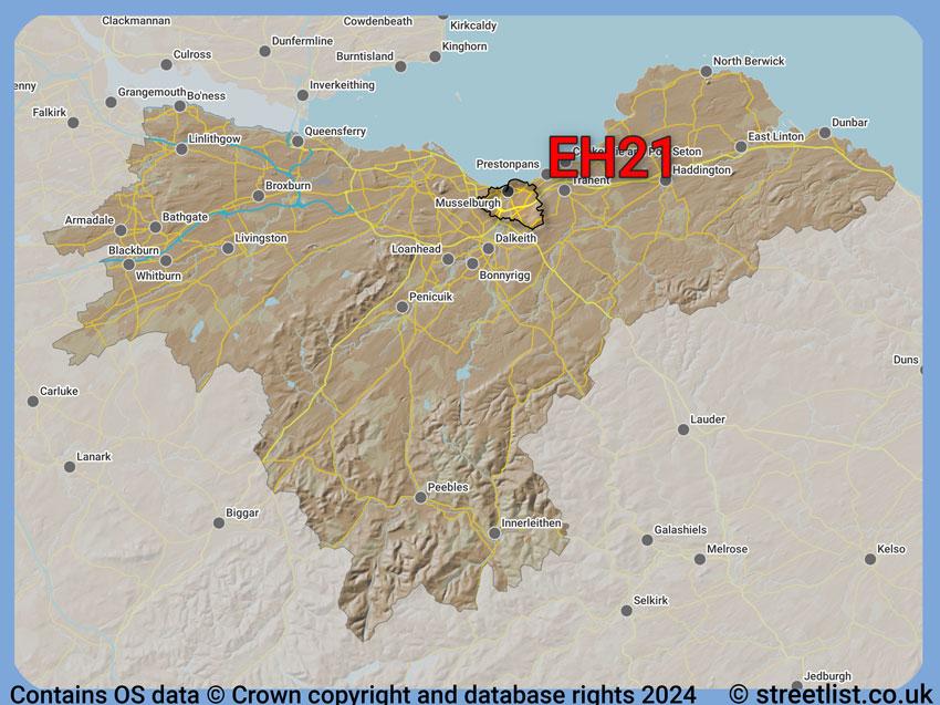 Where the EH21 postcode district lies within the wider  postcode area