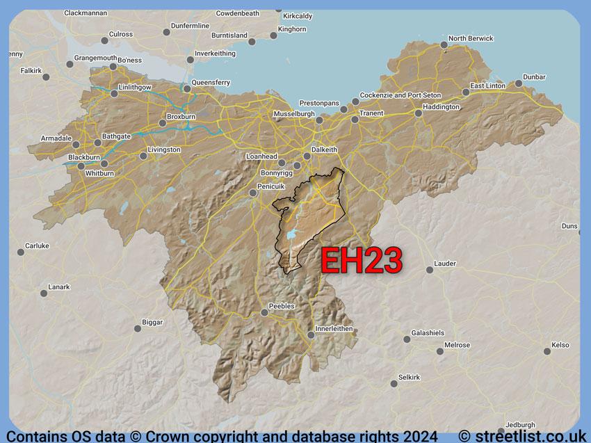 Where the EH23 postcode district lies within the wider  postcode area