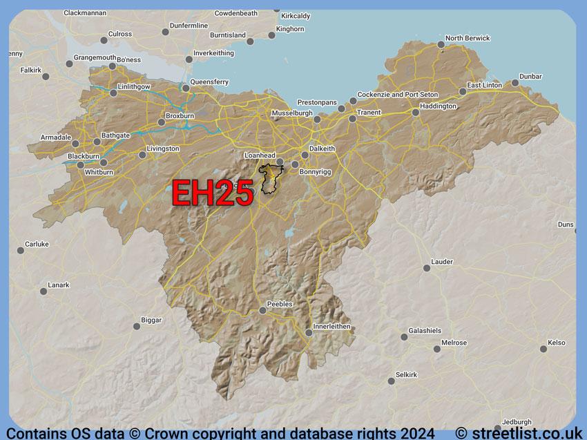 Where the EH25 postcode district lies within the wider  postcode area