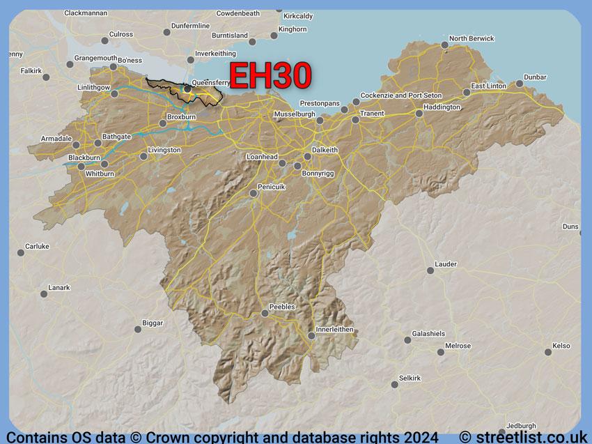 Where the EH30 postcode district lies within the wider  postcode area