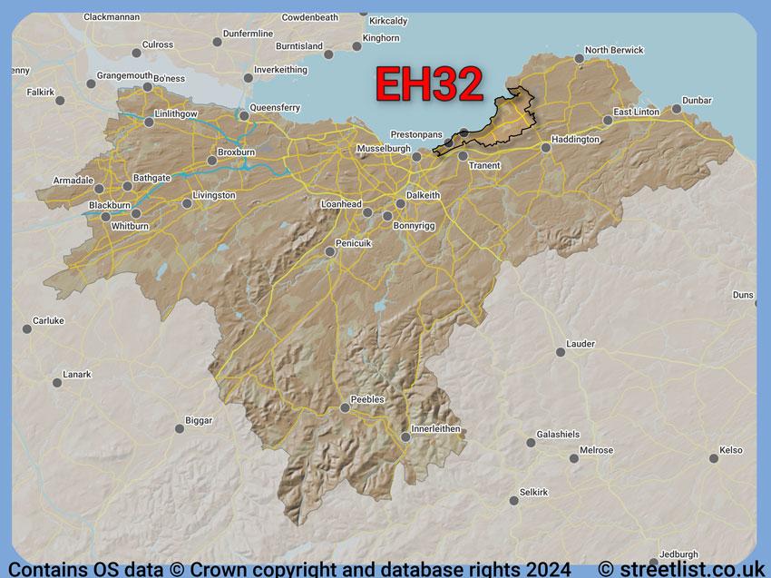 Where the EH32 postcode district lies within the wider  postcode area