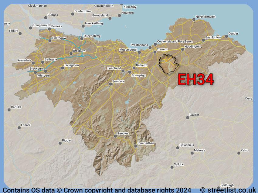 Where the EH34 postcode district lies within the wider  postcode area