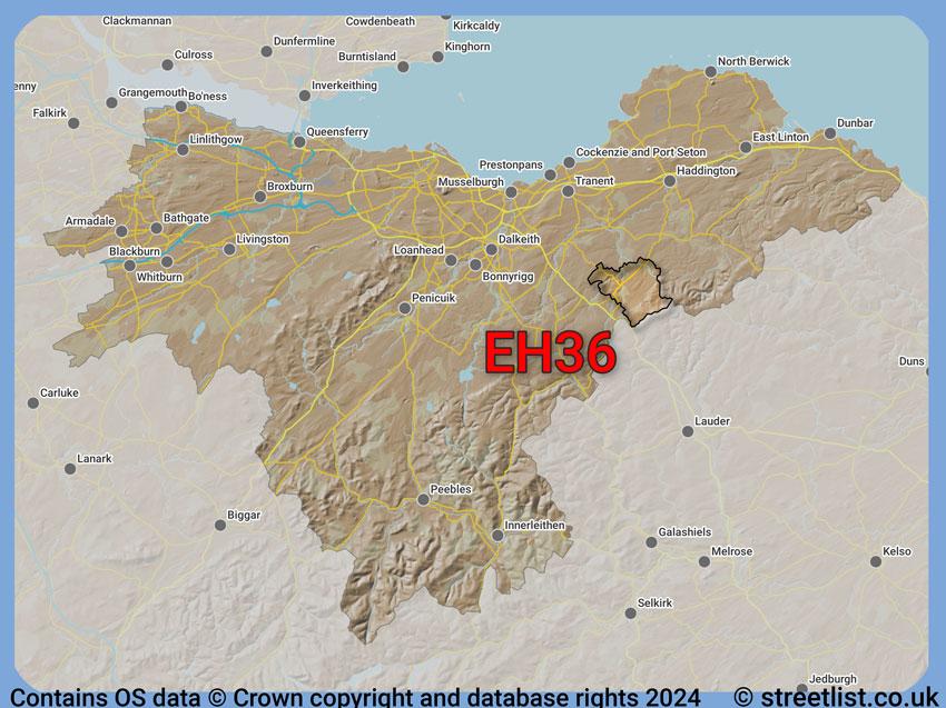 Where the EH36 postcode district lies within the wider  postcode area