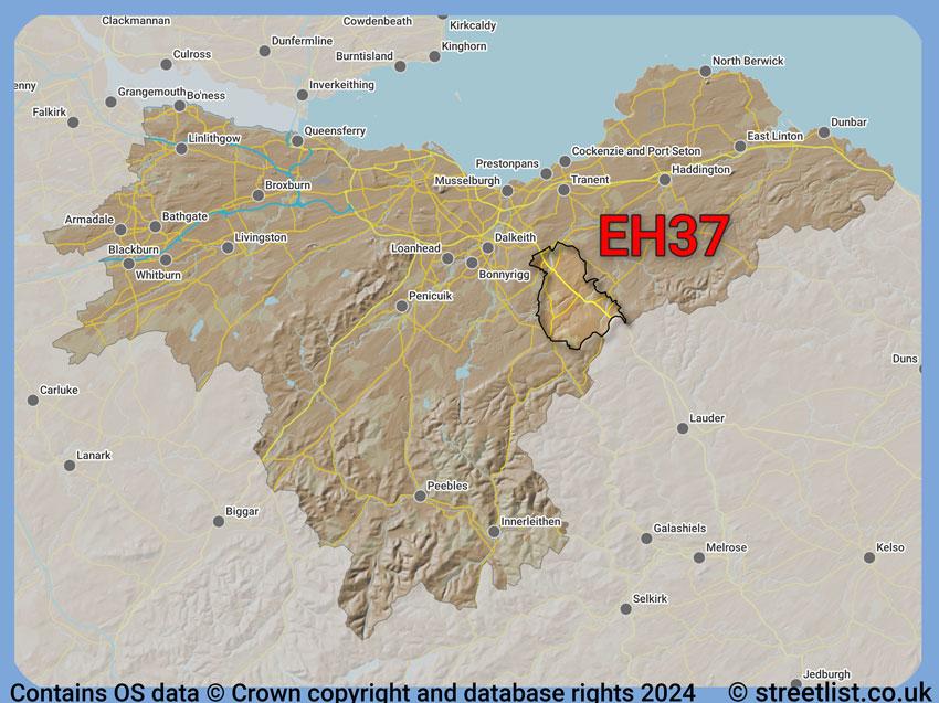 Where the EH37 postcode district lies within the wider  postcode area