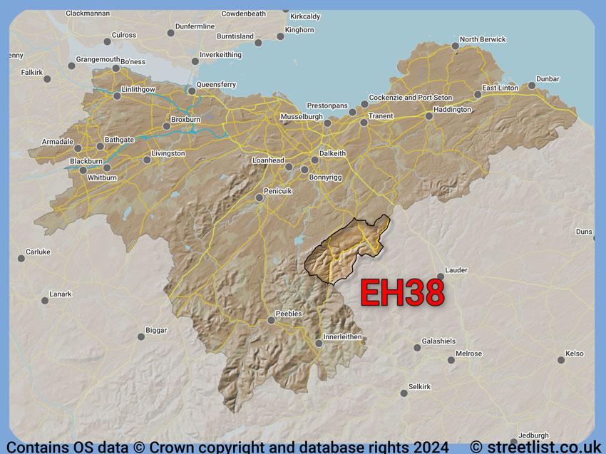 Where the EH38 postcode district lies within the wider  postcode area