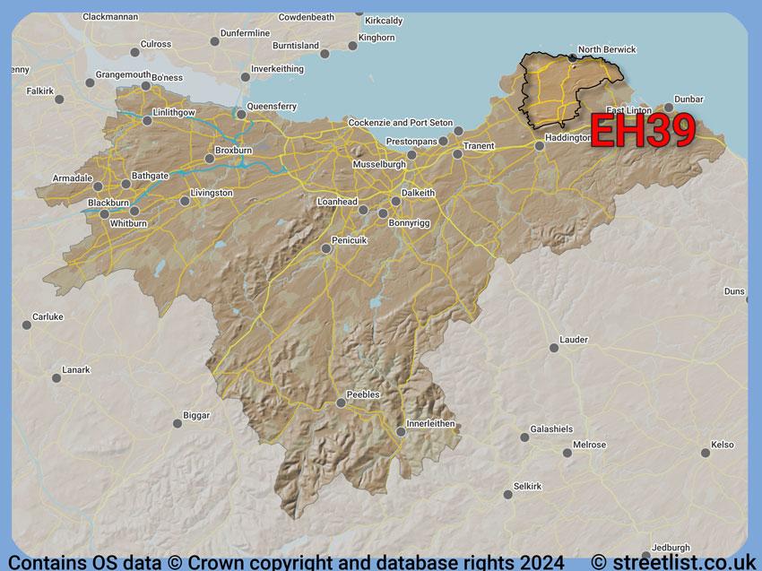 Where the EH39 postcode district lies within the wider  postcode area