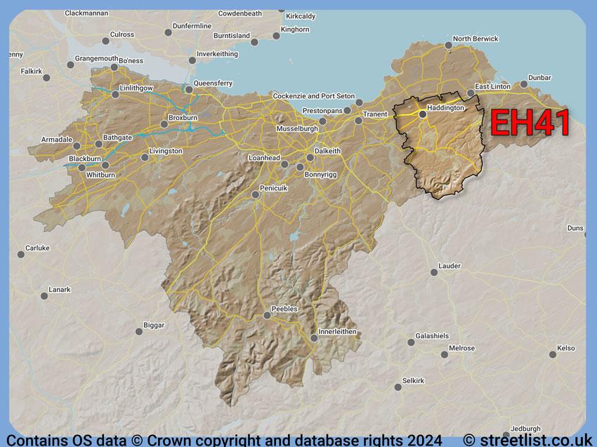 Where the EH41 postcode district lies within the wider  postcode area