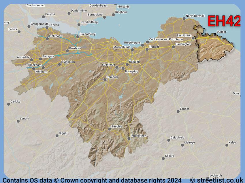 Where the EH42 postcode district lies within the wider  postcode area
