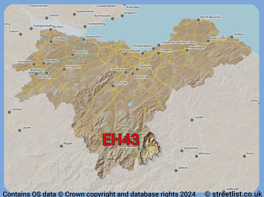 Where the EH43 postcode district lies within the wider  postcode area