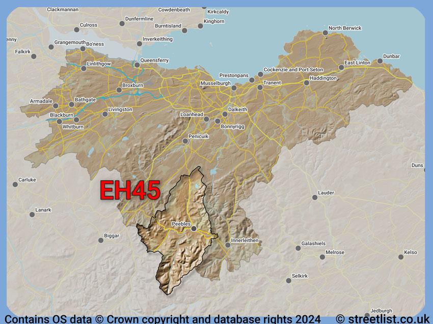 Where the EH45 postcode district lies within the wider  postcode area