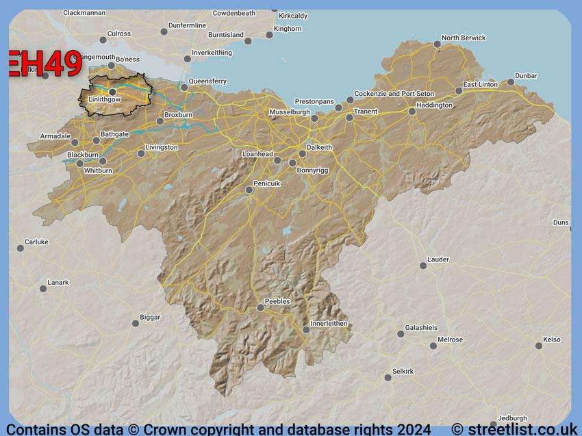 Where the EH49 postcode district lies within the wider  postcode area