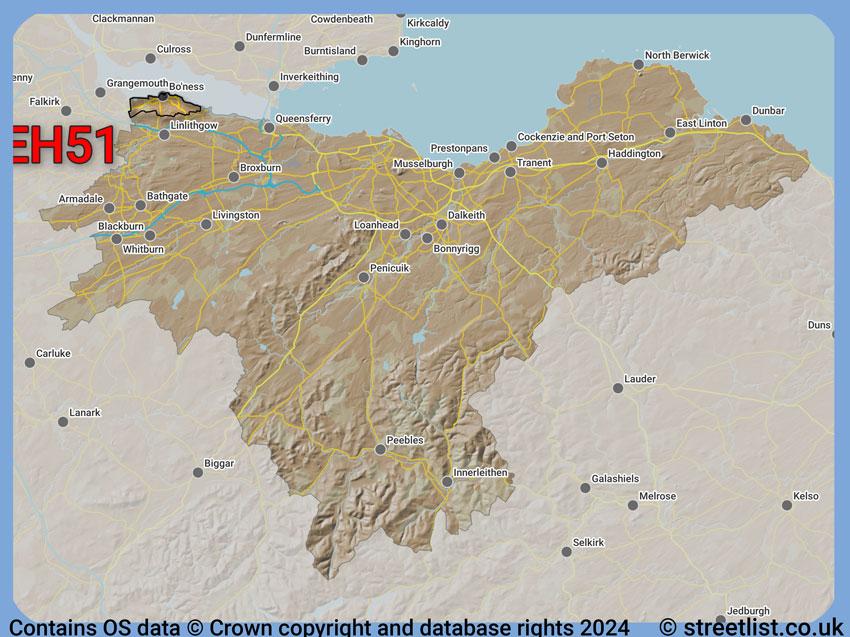 Where the EH51 postcode district lies within the wider  postcode area