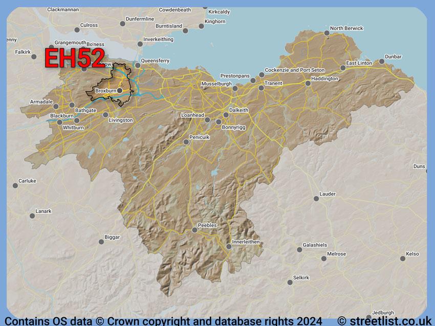 Where the EH52 postcode district lies within the wider  postcode area