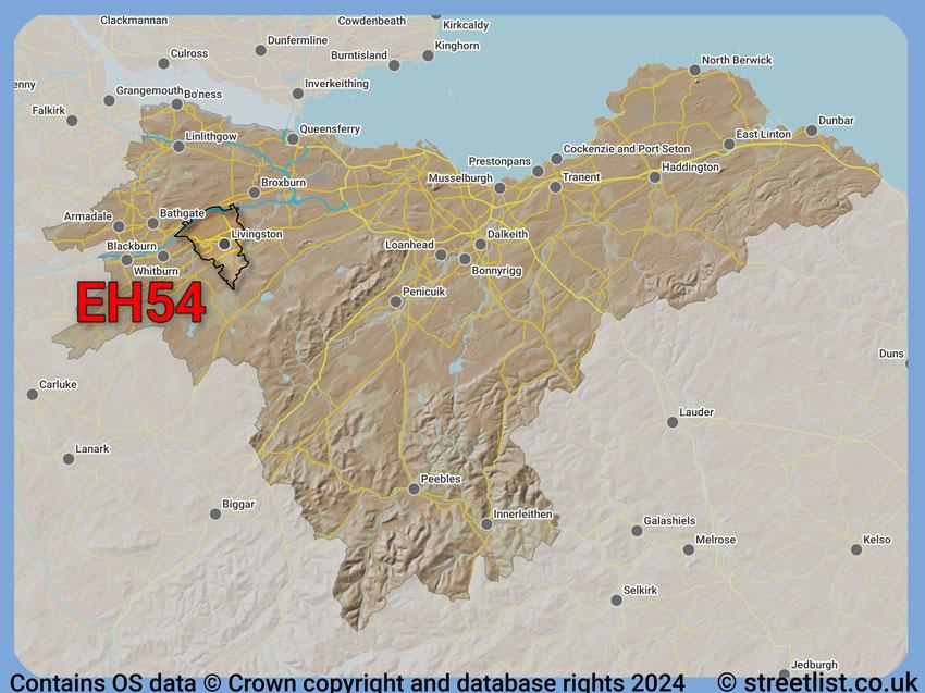 Where the EH54 postcode district lies within the wider  postcode area