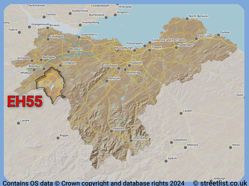 Where the EH55 postcode district lies within the wider  postcode area