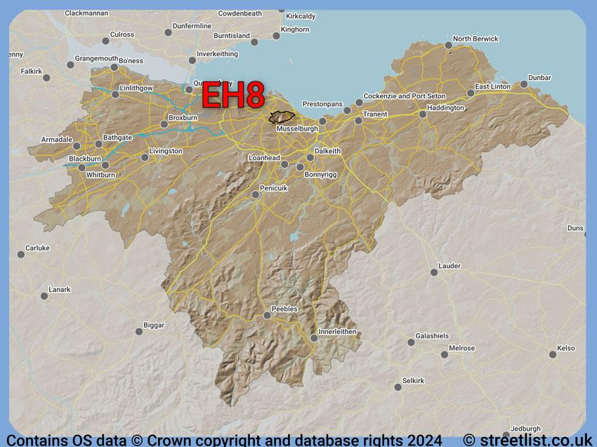 Where the EH8 postcode district lies within the wider  postcode area