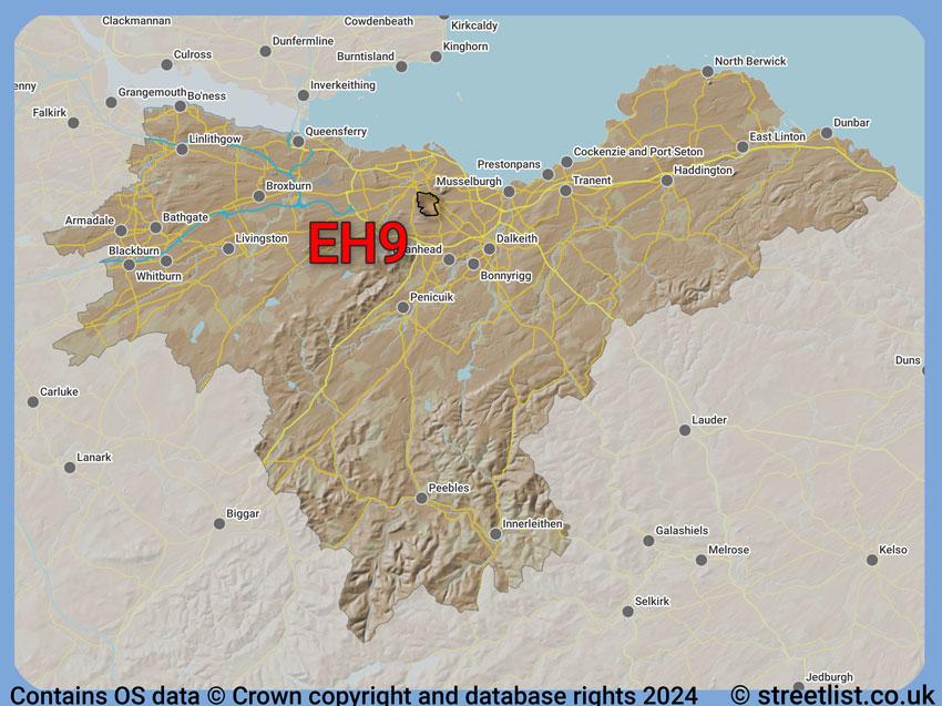 Where the EH9 postcode district lies within the wider  postcode area