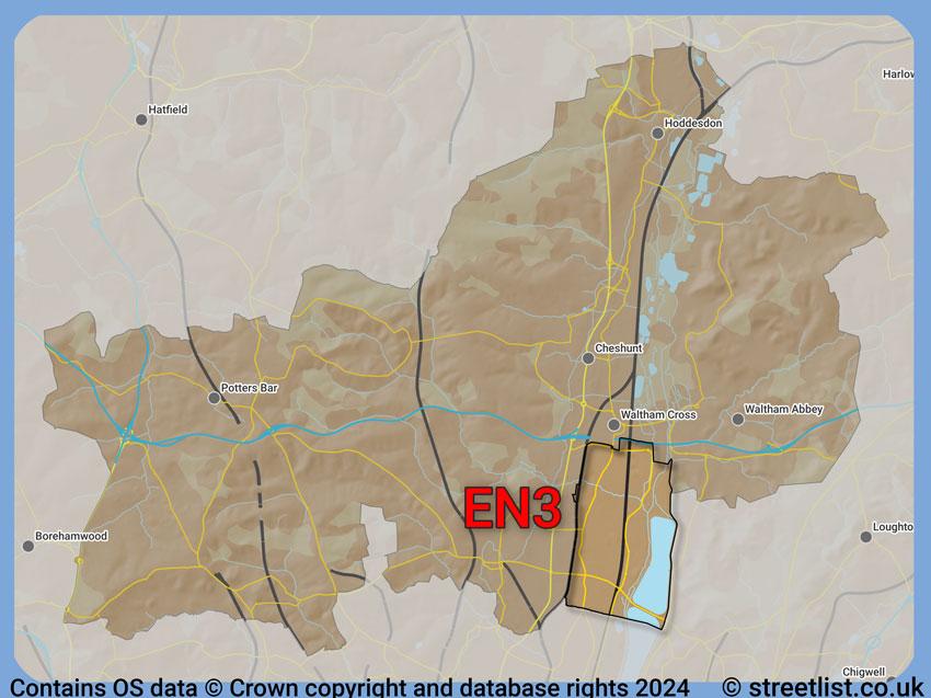 Where the EN3 postcode district lies within the wider  postcode area