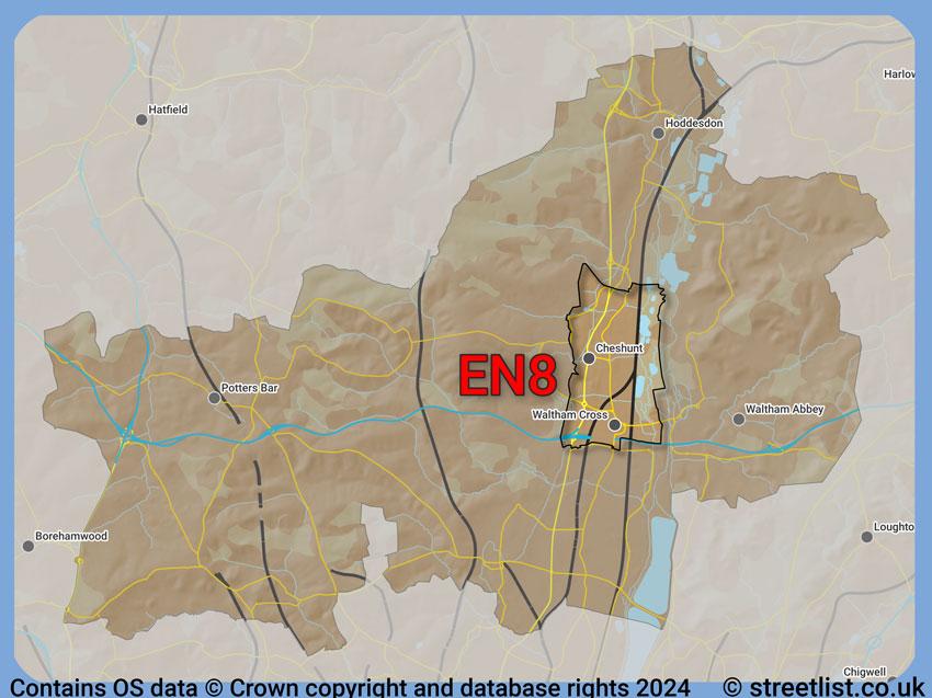 Where the EN8 postcode district lies within the wider  postcode area