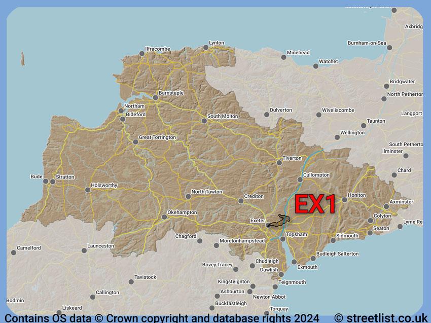 Where the EX1 postcode district lies within the wider  postcode area