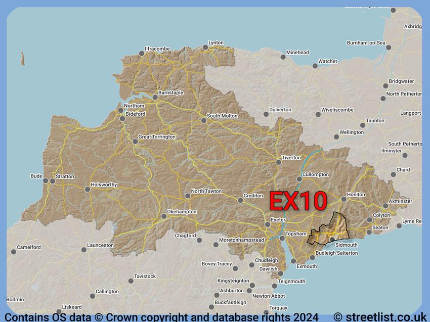 Where the EX10 postcode district lies within the wider  postcode area