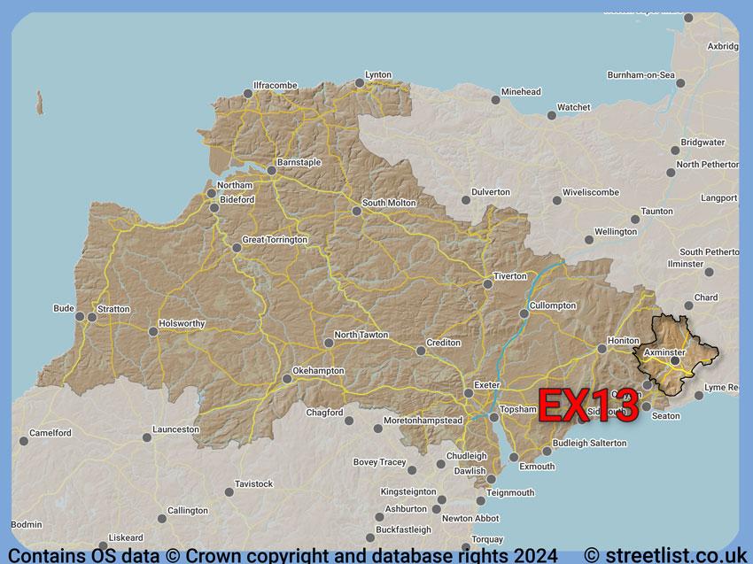 Where the EX13 postcode district lies within the wider  postcode area