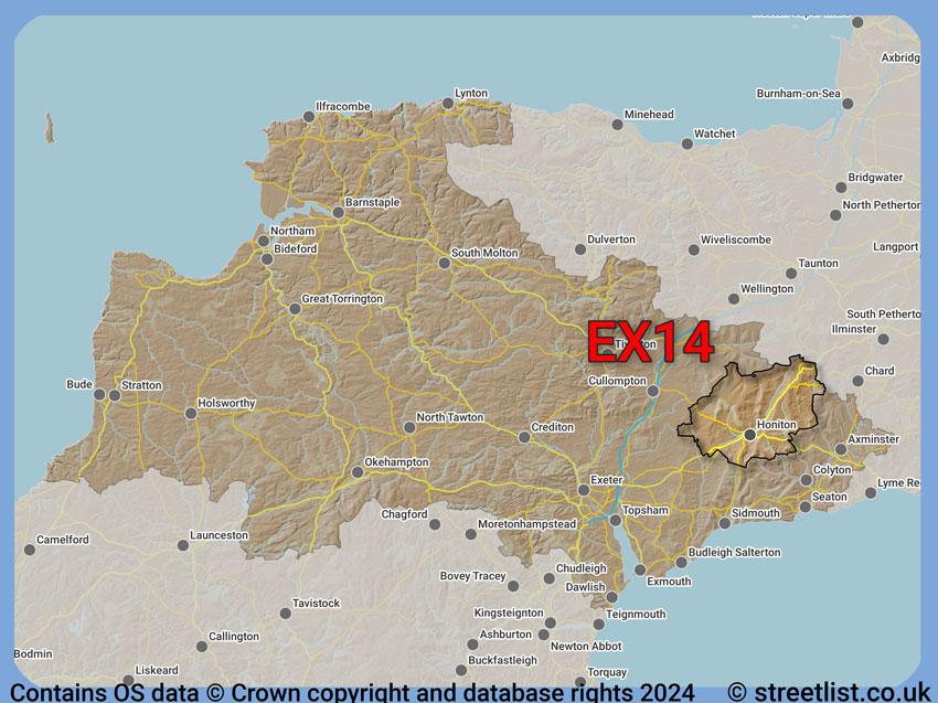 Where the EX14 postcode district lies within the wider  postcode area