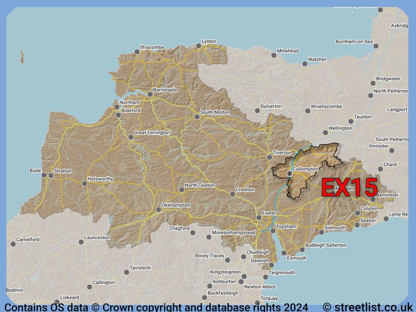 Where the EX15 postcode district lies within the wider  postcode area