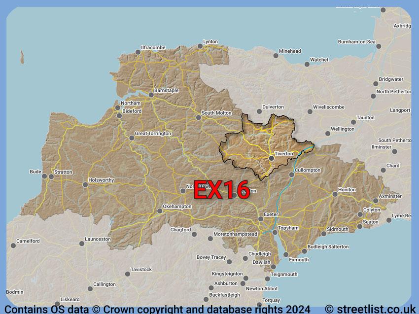 Where the EX16 postcode district lies within the wider  postcode area