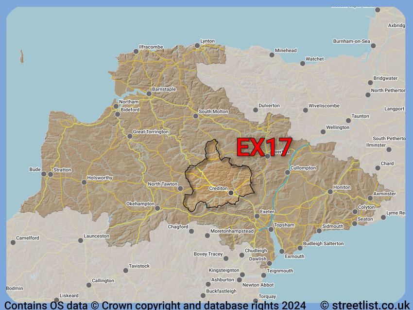 Where the EX17 postcode district lies within the wider  postcode area