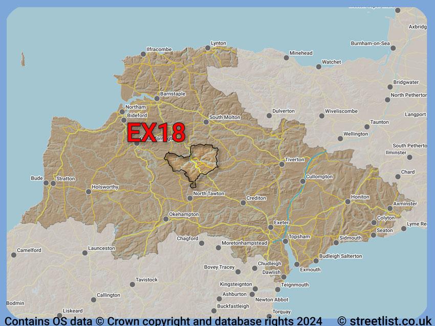 Where the EX18 postcode district lies within the wider  postcode area