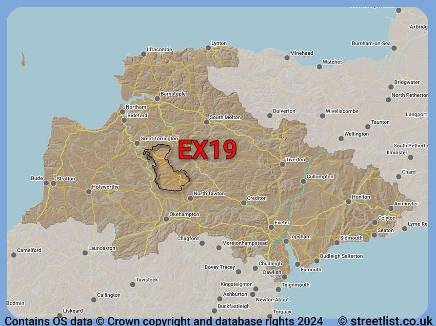 Where the EX19 postcode district lies within the wider  postcode area