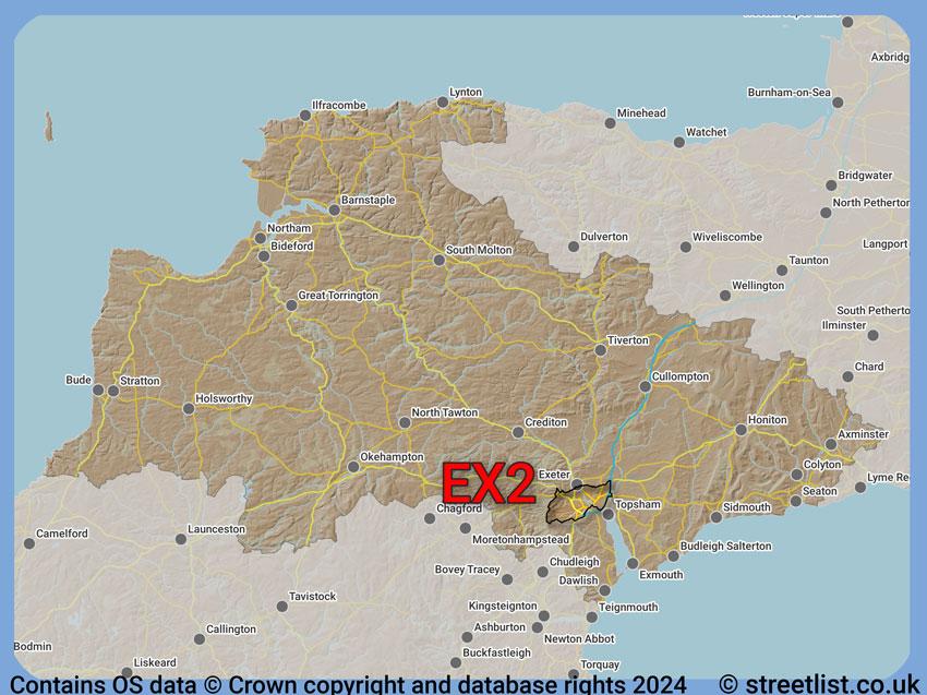 Where the EX2 postcode district lies within the wider  postcode area