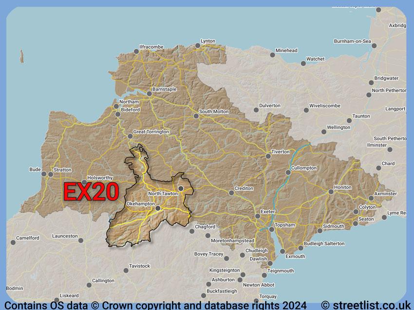 Where the EX20 postcode district lies within the wider  postcode area