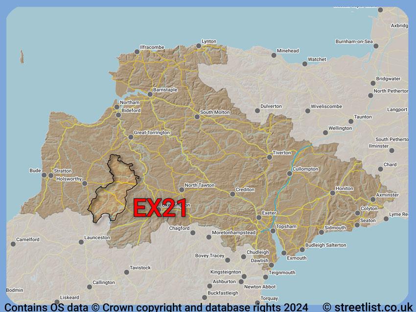 Where the EX21 postcode district lies within the wider  postcode area