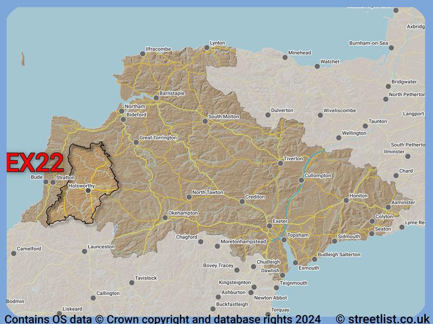 Where the EX22 postcode district lies within the wider  postcode area