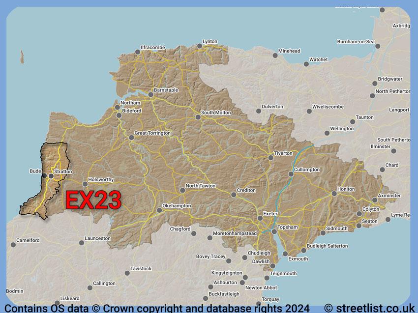 Where the EX23 postcode district lies within the wider  postcode area