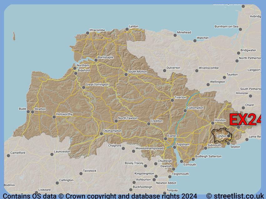 Where the EX24 postcode district lies within the wider  postcode area