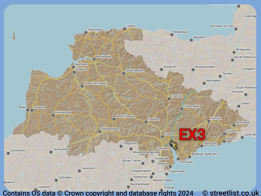 Where the EX3 postcode district lies within the wider  postcode area