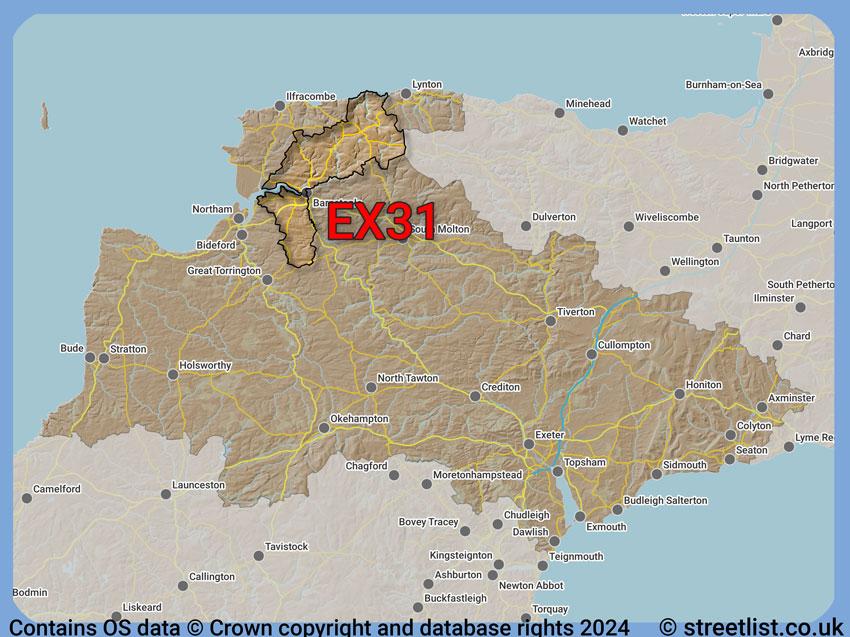 Where the EX31 postcode district lies within the wider  postcode area