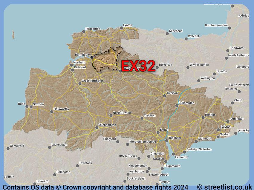 Where the EX32 postcode district lies within the wider  postcode area