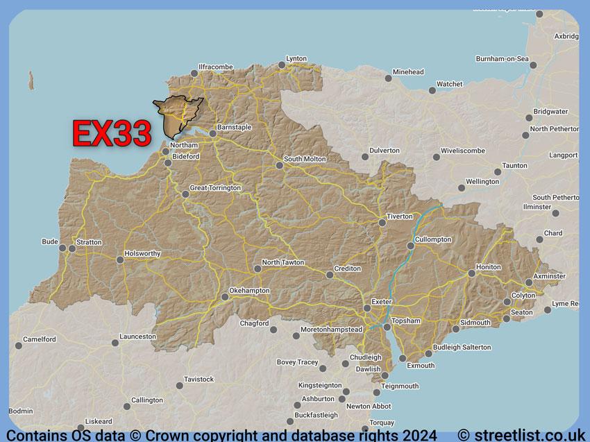 Where the EX33 postcode district lies within the wider  postcode area