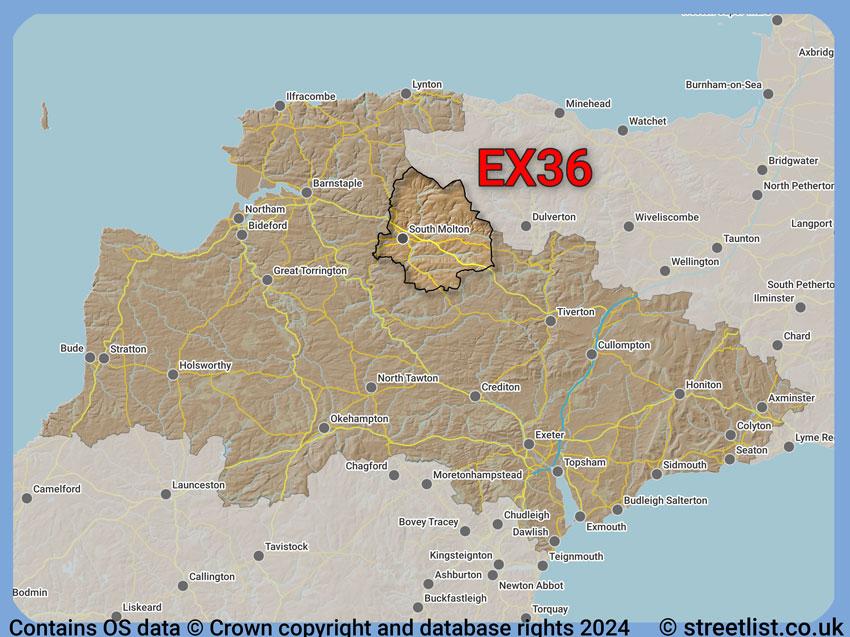 Where the EX36 postcode district lies within the wider  postcode area